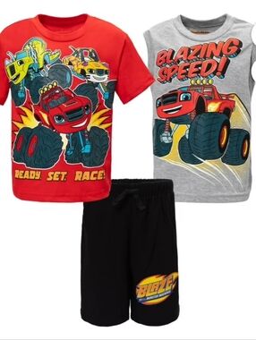 Ready Set Race Nickelodeon Kids 3-Piece Tee and Shorts Set - Red/Grey/Black
